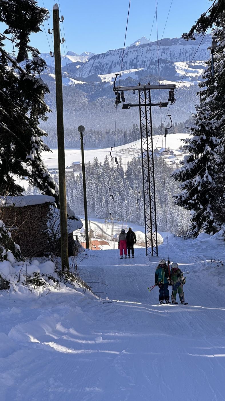 Zwei Kinder fahren gemeinsam am Bügel bergauf